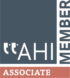 Logo with a dark blue square containing the text “AHI” in white, quotation marks to the left, “MEMBER” written vertically on a white stripe, and “ASSOCIATE” in white on a brown horizontal bar at the bottom.