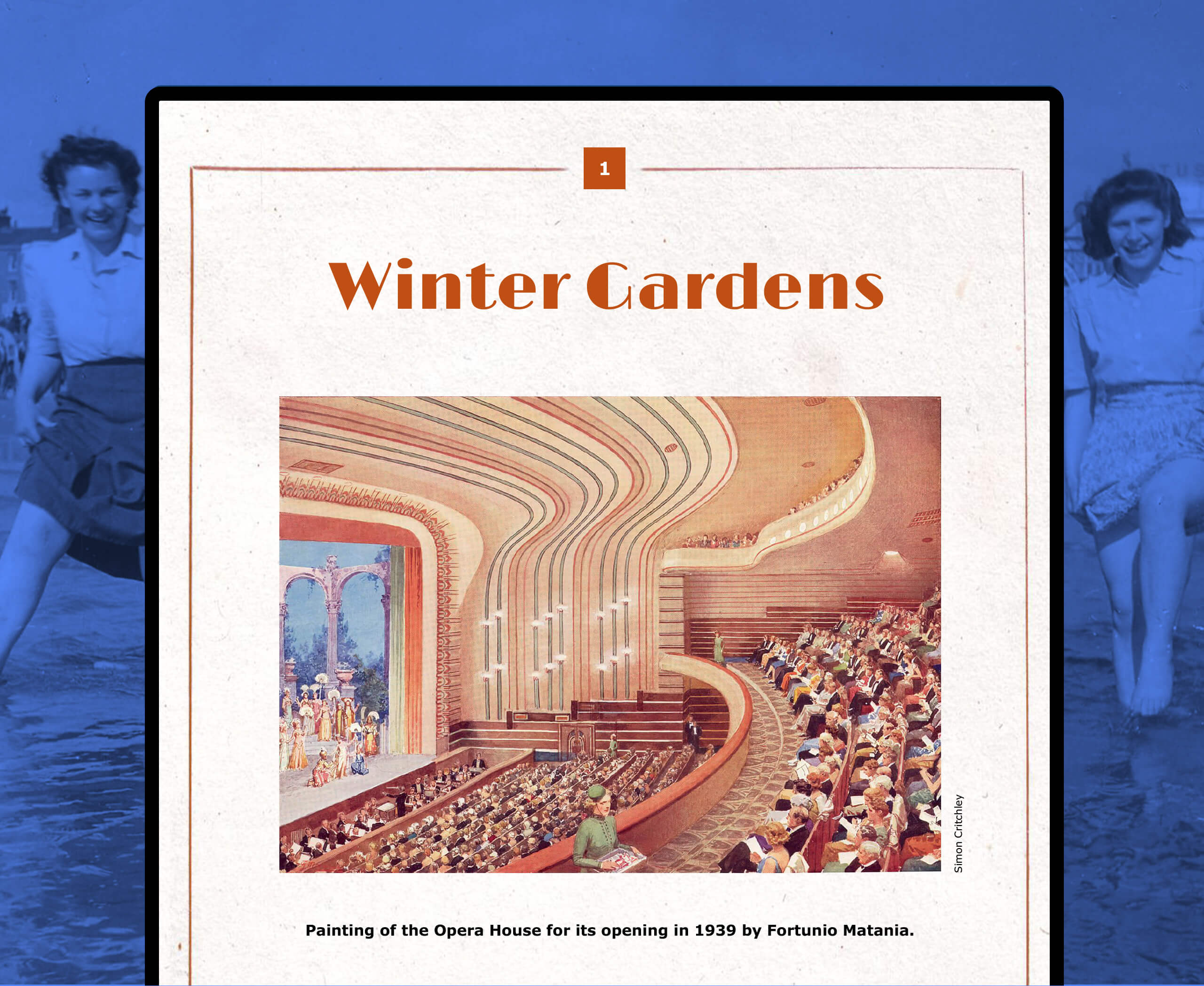 A vintage painting shows a large, curved opera house interior filled with an audience, with performers on stage. Text above reads "Winter Gardens." Caption notes the artwork is by Fortunio Matania, depicting the 1939 opening.